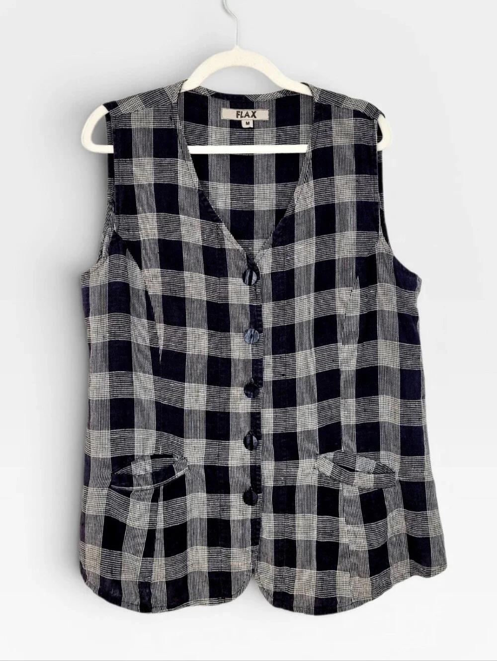 FLAX Oversized Linen Vest Black Taupe Plaid Medium - Picture 2 of 9